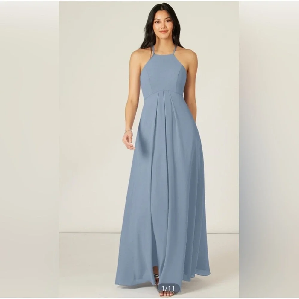 NWT Azazie Sarah Bridesmaid Dress 10 Dusty Blue Halter Chiffon Maxi Formal Gown‎